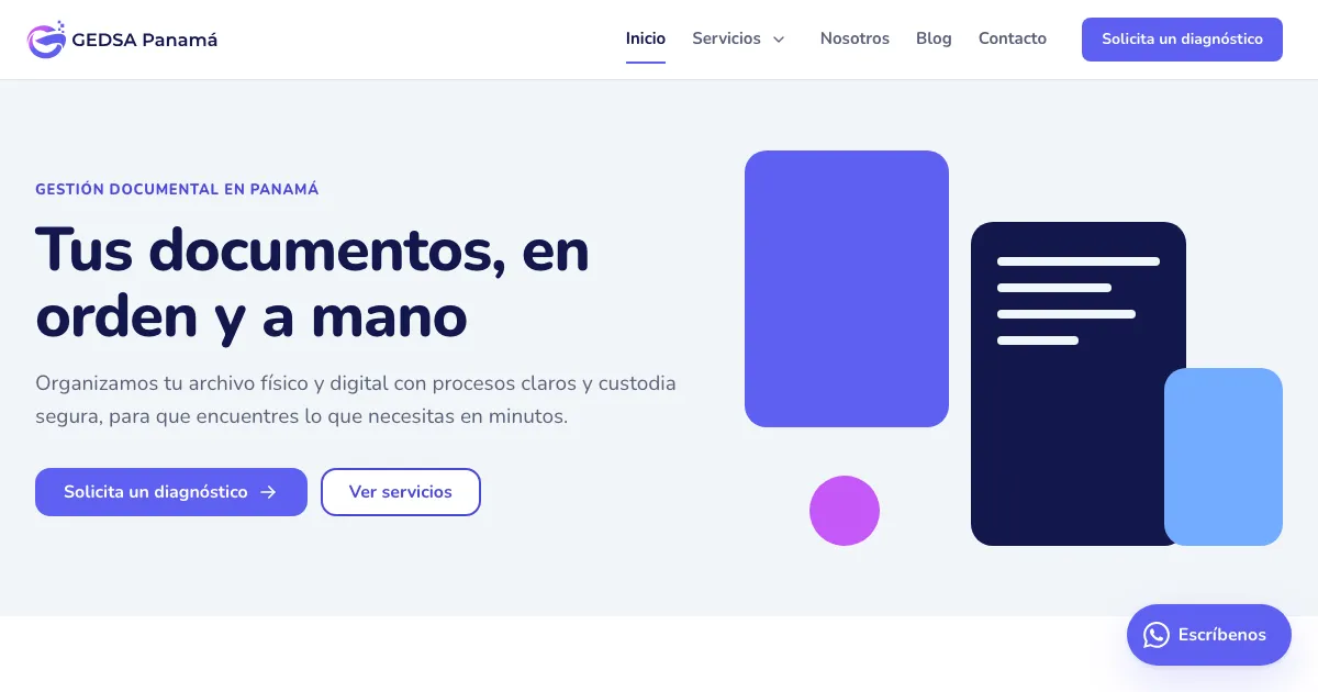Portada del sitio de GEDSA Panamá, con el titular «Tus documentos, en orden y a mano»